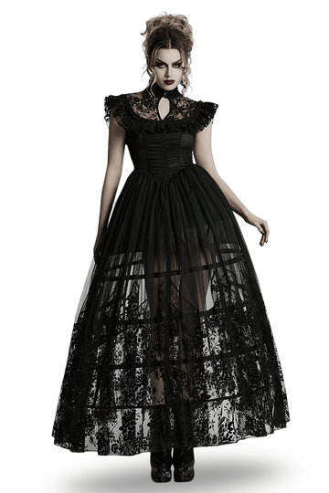 Black Gothic Lace Mesh Dress with Ruffled Sleeves